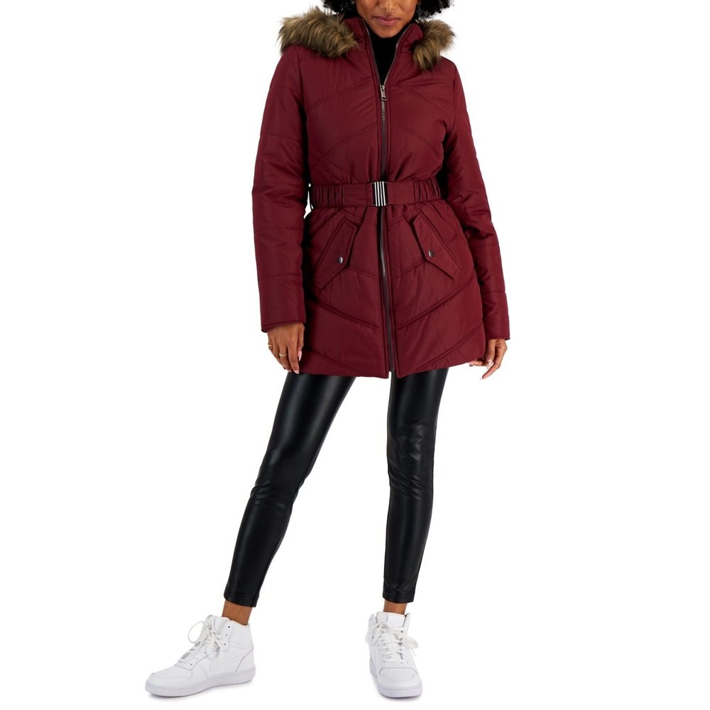 Maralyn & Me Juniors' Belted‎ Faux-Fur-Trim Hooded Puffer Coat - Wine Size XL